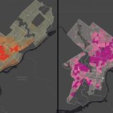 This map compares poverty rate with shooting rate across Philadelphia