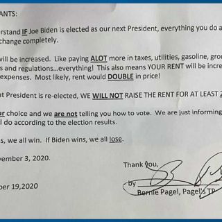 Trailer park tenants say landlord sends note implying a vote for Biden is a vote for increased rent