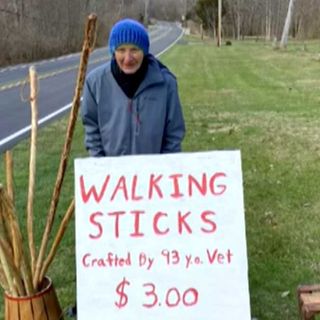 A 93-year-old veteran is whittling walking sticks to raise money for an Ohio food pantry