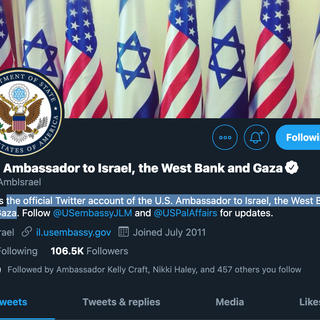 U.S. Ambassador to Israel Twitter Account Name Changed to Include West Bank and Gaza