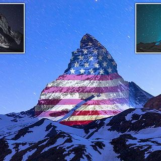 US and UK flags project on Swiss Matterhorn for Covid-19 solidarity