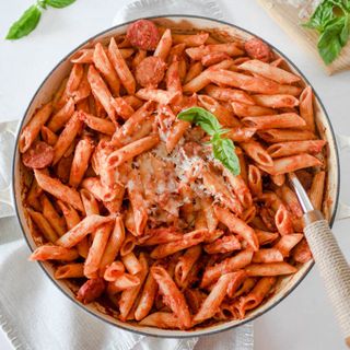 One Pot Penne alla Vodka with Spicy Andouille • Aimee's Pretty Palate