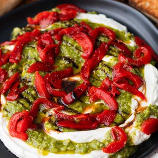 Goat Cheese Pesto Dip with Roasted Red Peppers