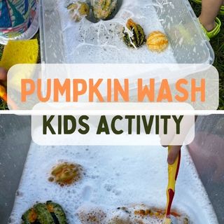 Pumpkin wash fall sensory bin for kids