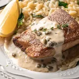 Yellowtail with Lemon Caper Cream Sauce and Spinach Orzo