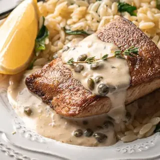 Yellowtail with Lemon Caper Cream Sauce and Spinach Orzo