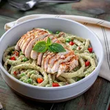 Pesto and Pea Bucatini Pasta with Grilled Chicken