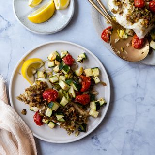 Lemon-Herb Crusted Halibut with Roasted Tomato-Zucchini Salsa