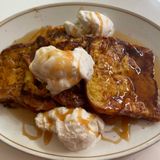 french toast, with vanilla ice cream, maple syrup and butterscotch.