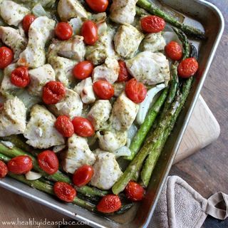 Lemon Pesto Sheet Pan Chicken with Asparagus and Tomatoes