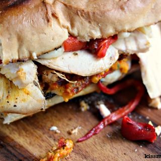 Grilled Smoked Chicken Sandwich with Roasted Red Peppers, Mozzarella, and Pepper Pesto