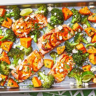 Sheet-Pan Salmon with Sweet Potatoes & Broccoli