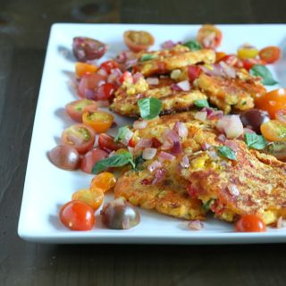 Cheesy Sweet Corn Fritters with Sauteed Tomatoes