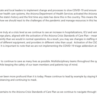 Banner memo: Arizona first to activate crisis care plan in the country